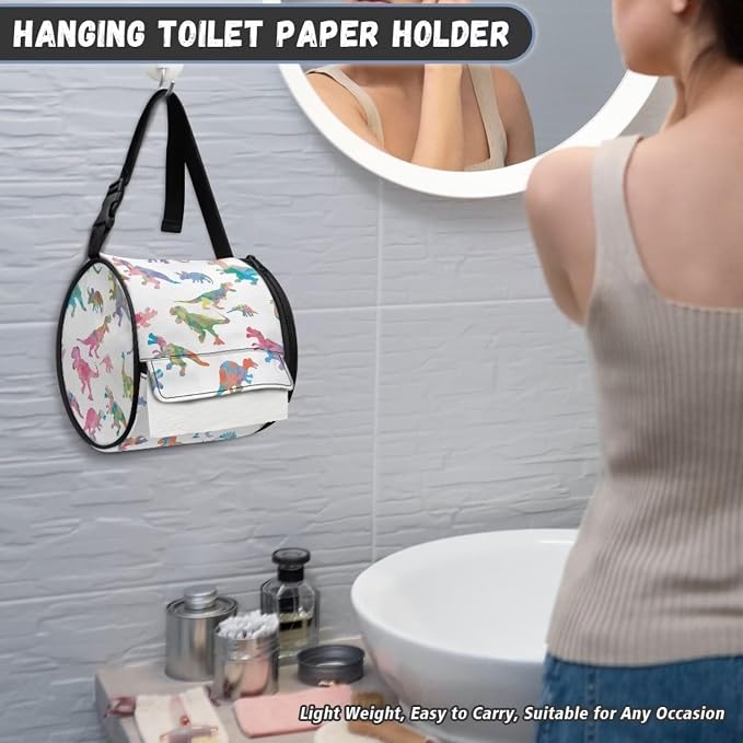 Modern Kitchen Bathroom Hanging Toilet Paper Tie Dye Dinos Tissue Holder Wall Mounted Tissue Towel Roll Holder with Adjustable Strap Easy Installation