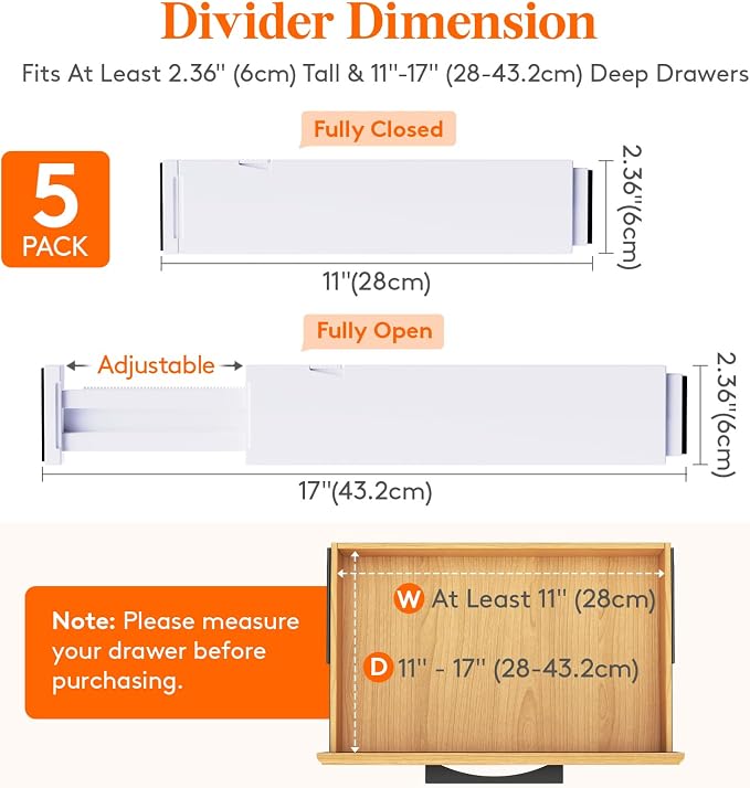 Lifewit 2.36" Upgrade Kitchen Drawer Dividers, Adjustable Drawer Organizer | 11"-17" Expandable White Drawer Separator for Clothes/Utensils, Dresser/Cabinet/Closet/Nursery Organization & Storage, 5 Pack