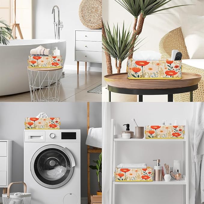 Spring Flowering Plants Bathroom Storage Basket, Foldable with Handle Open Countertop Paper Towel Decorative Box, Toilet Tank Top Shelf Baskets for Home Closet Bedroom Living Room Office