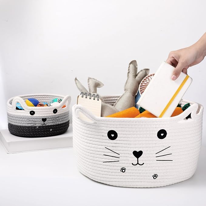 Zopeal Cat Storage Basket Woven Organizer with Ears Decorative Gift Cute Cotton Rope Pet Toy Basket for Gift Cat Dog Toy Bin Nursery Room(13.7 x 7.8 Inch,White)