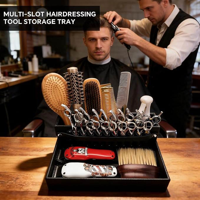 Barber Station Tray for Scissors Holder & Clippers Organizer, Barber Accessories Storage Station for Combs/Hair Clip/Trimmers, Barber Salon Home Desktop Tool Organizer(Small 11.9" x 8.8" x 4.4")