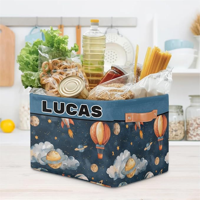 Custom Rectangular Baby Storage Basket, Kids Toys Bin, Books Shelf Basket, Clothes Towel Storage Bin for Nursery, Gift Basket, Pet Basket, Hot Air Balloon Cloud Planet Cartoon
