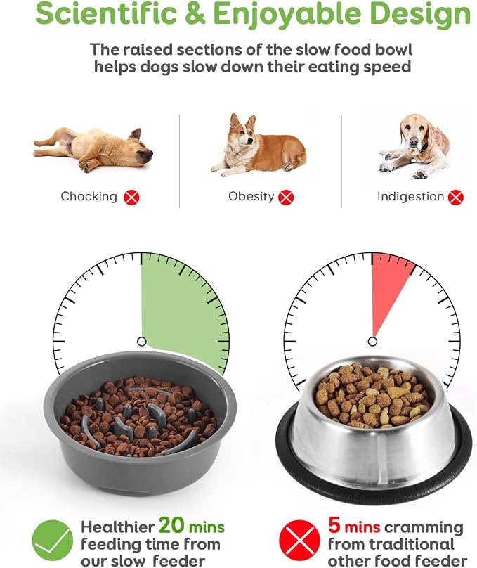 Pawque 35oz Elevated Slow Feeder Dog Food Bowls with Adjustable Stand | 3 Heights (6.1", 7.7", 9.3"), Raised Dog Bowls for Medium and Small Breed Dogs Cats, Non Slip Rubber & Mess Proof