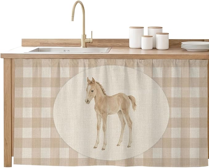Graceful Pony Sink Skirt for Bathroom, Self-Adhesive Under Sink Curtain, Retro Natural Horse Farmhouse Plaid Rustic Hide Pipes & Storage Fabric Cabinet Skirt Cover for Kitchen Laundry 32"x55"