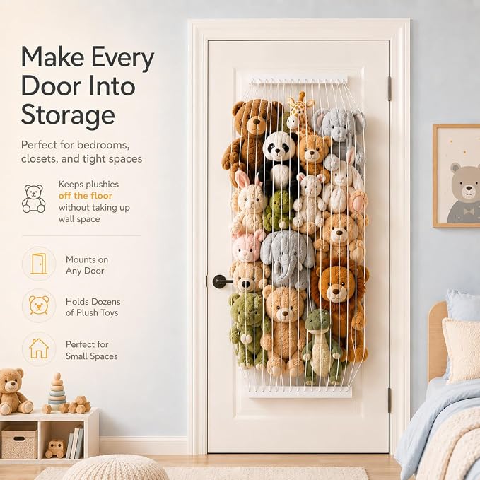 Stuffed Animal Storage Wood Soft Toy Storage for Kids Room，Wall Mount Door Hanging Stuffed Animal Toy Organizer Shelf for Nursery Play Room White -Patent