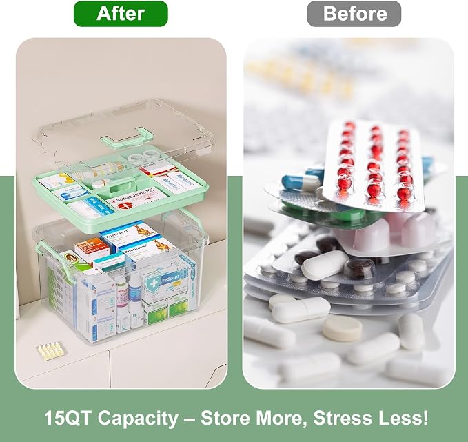 ANYPROLUS 15QT Clear Medicine Organizer Box with Handle, Plastic Medicine Container with Tray First Aid Box Empty, Thickened Medicine Storage Organizer Multipurpose Medication Organizer Storage