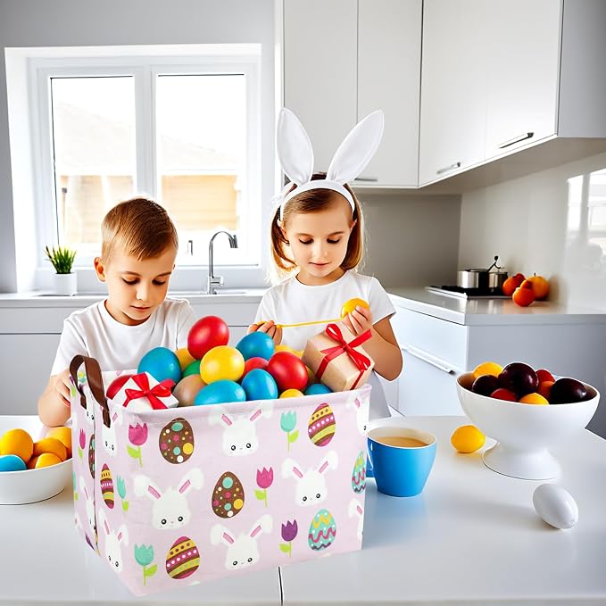Large Empty Easter Basket for Kid Pink Fabric Personalized Bunny Eggs Easter Gift Basket for Boy and Girl (Rabbit Easter Egg Tulip)