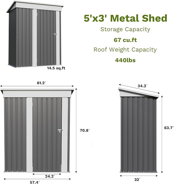 Patiowell 5x3 FT Outdoor Storage Shed, Garden Tool Shed | with Sloping Roof and Lockable Door, Metal Shed for Backyard Garden Patio Lawn, Gray