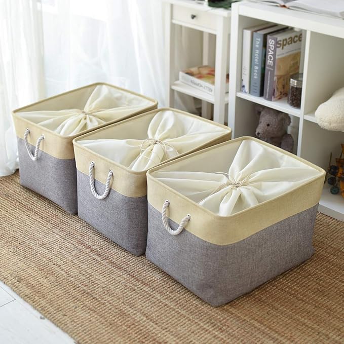 Storage Bins Baskets for Organizing - Extra Jumbo 3 Pack 20.5Lx15.7Wx13.8H Sturdy Fabric Storage Basket for Shelves, Decorative Foldable Closet Nursery Toy (Gold&Grey)