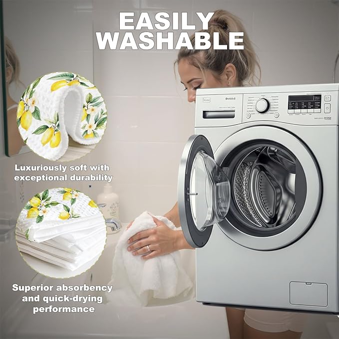 2 Pcs Rustic Lemon Kitchen Towels, Summer Flower Decorative Absorbent Microfiber Dish Cloth Tea Towel, Waffle Soft Hand Towels for Farmhouse Home Bathroom Kitchen Decor, Lemon Gifts