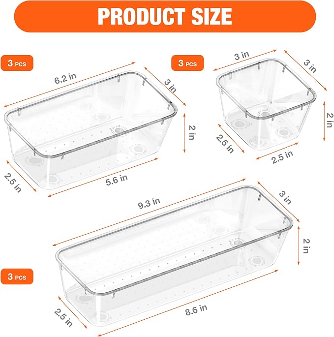 ValueMax 9PCS Clear Drawer Organizer Set with Non-Slip Pads, 3 Sizes | Clear PET Drawer Organizers, Non-Slip Pads, Stackable Design, 3 Sizes for Neat Customizable Storage