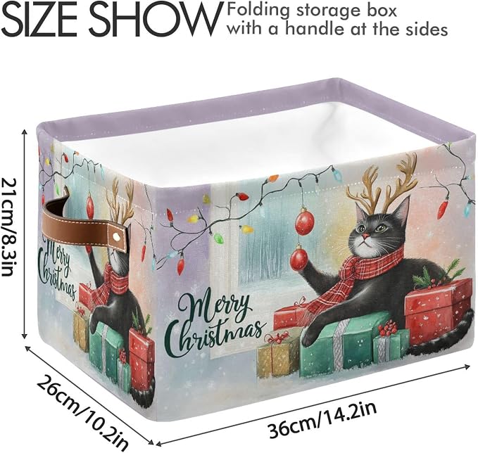 Christmas Cat Storage Basket with Waterproof Liner and PU Handles Xmas Bells Winter Kitty Snowflake Storage Bins Boxes 14.2" Collapsible Decorative Organizer Baskets for Bedroom Closet Office 1 Pack