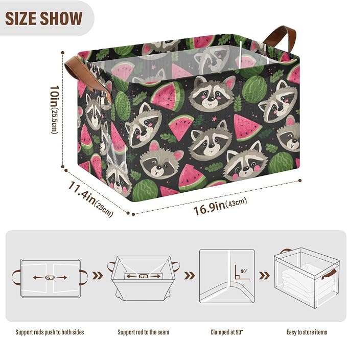 Cute Raccoon with Watermelon Storage Basket Foldable Cube Storage Bins with Handles&Label Waterproof Collapsible Organizer Box Bin Large Rectangle Decorative Baskets for Shelves Home Room Laundry-2 PC