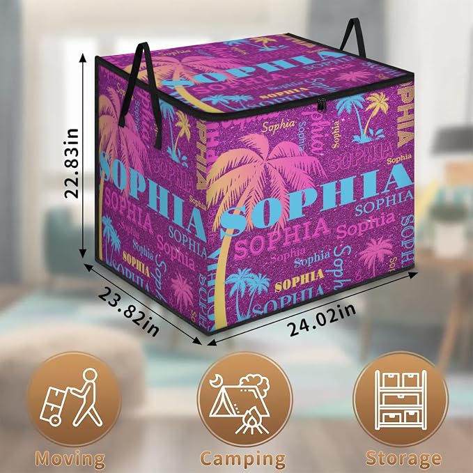 Custom Storage Baskets Cubes with Name, Dark Magenta Purple Pink Yellow Blue Tropical Palm Trees Large Foldable Organizer Collapsible Storage Bins for Home Blanket Comforters Clothes Closet Nursery