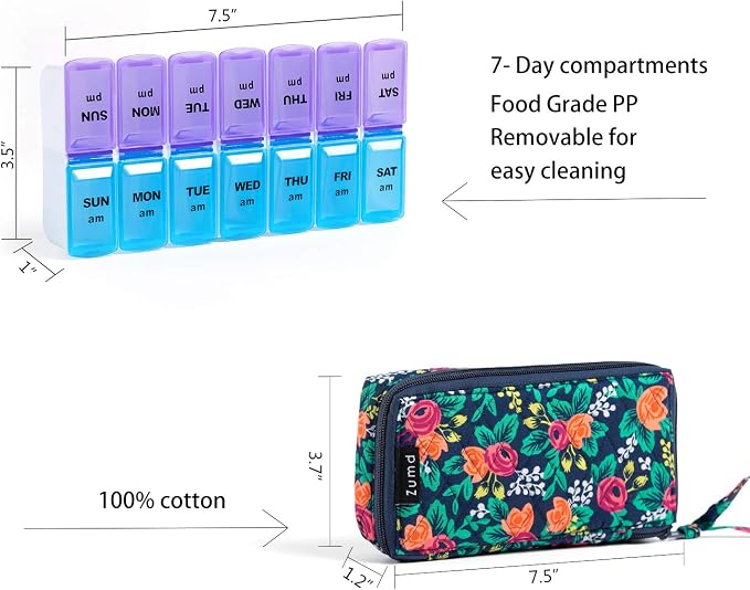 Weekly Pill Organizer 2 Times a Day, Zumd Pill Box 7 Day with Cute Quilted Fabric Zipper Case, Travel Pill Case Am Pm for Vitamin Medicine Organizer