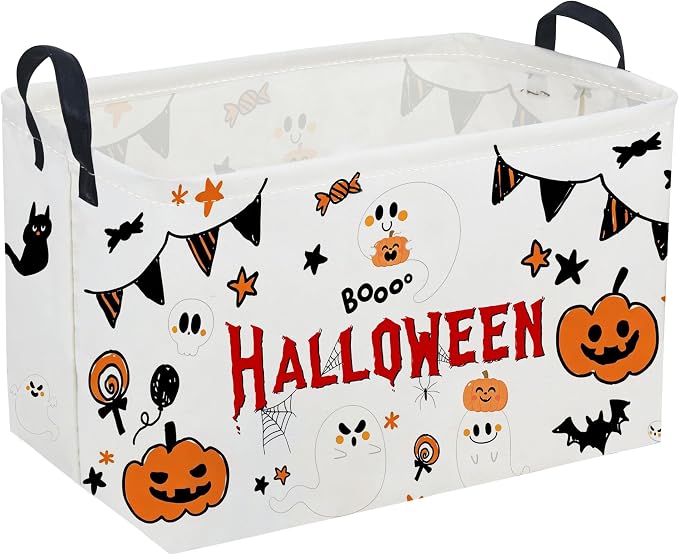 Sanjiaofeng Rectangular Halloween Ghost Storage Basket,Halloween Basket.Cute Baskets for Room Decor, Pumpkin Baskets with Handles.Books Bins,Gifts Box(White Ghost)