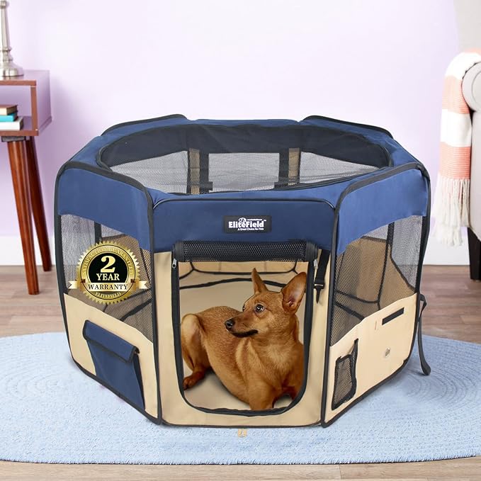 EliteField 2-Door Soft Pet Playpen for Dogs and Cats (2-Year Warranty) | 600D Fabric, Washable Floor Mat & Top Cover, Indoor/Outdoor, Carrying Bag, Ground Stakes, Zipper Locks