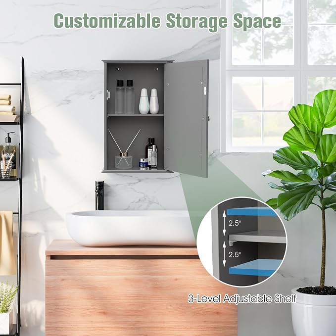 LOKO Bathroom Medicine Cabinet, Wall Mounted Storage Cabinet (Grey) | Single Mirrored Door | Adjustable Shelf | For Bathroom, Living Room, Entryway | 13.5 x 6 x 21 inches