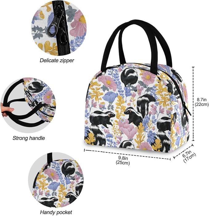 Lunch Bag Pink Flower Pets Skunks Insulated Lunch Box Cooler Lunch Container Organizer Reusable Lunch Tote Bags for Work Travel Outdoor