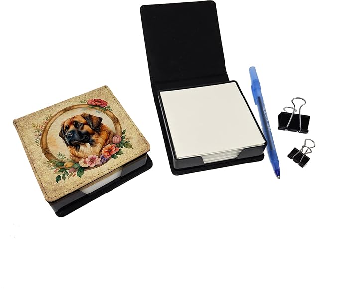 Caroline's Treasures Leonberger and Flowers PU Leather Note Paper Holder with Artist-Designed Cover, Desk Accessory, Office Gift