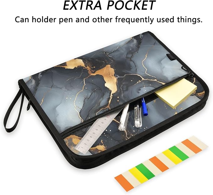 13 Pocket Zipper Expanding File Folder A4 Marble Print Black | Accordion File Organizer with Front Pouch A4 Letter Size Portable Folders for Documents Receipt School Office Supplies