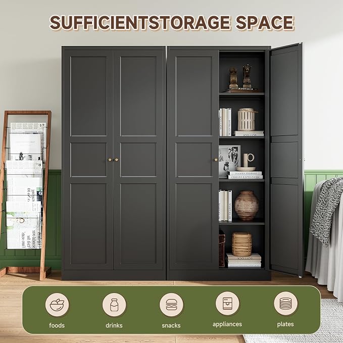 Black Storage Cabinet with Adjustable Shelves-Metal Home Kitchen Pantry Cabinets with Doors,Organization Locker for Cupboard/Bedroom/Dining/Living/Bathroom/Office/Garage Room