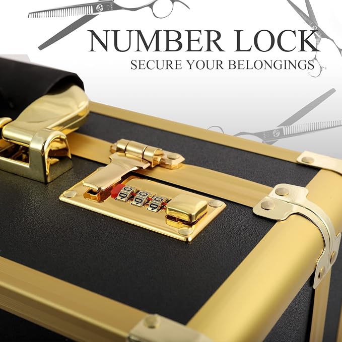 Barber Case Clipper Bag Gold, Hair Kit Tool Box Aluminum Organizer with Portable Handle and Secure Numlock for Scissors, Clippers, Barber Supplies 15.7" x 12" x 6.1"