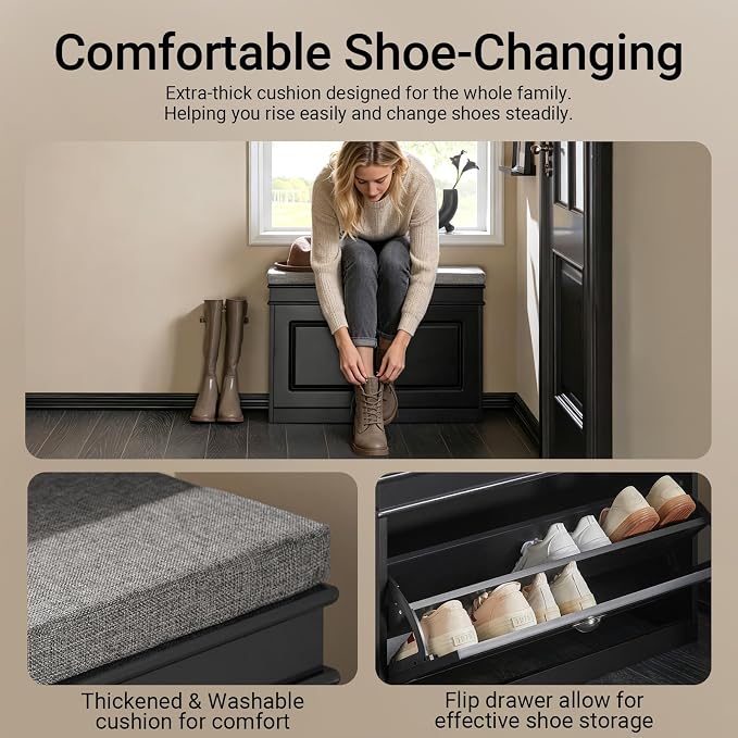 Haotian Shoe Storage Bench with Cushion | Black Narrow Shoe Rack for Entryway, Small Shoe Cabinet with Flip-Drawer, Closet Hallway Mudroom FSR82-L-SCH