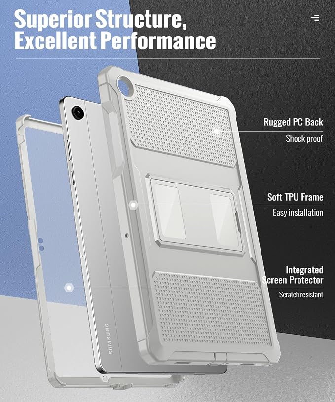 MoKo Shockproof Case Fit Samsung Galaxy Tab A11+ Plus/ A9+ 11 Inch | Full Body Rugged Stand Back Cover with Built-in Screen Protector for Galaxy Tab A11+/ A9+ Tablet, Light Gray