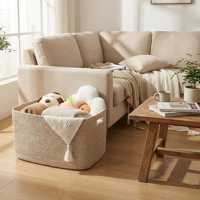 JMvicyroam 65L Large Woven Cotton Rope Blanket Basket, Oatmeal | Blanket Storage for Living Room or Bedroom Use, Freestanding with Reinforced Handles, Entire Basket is Machine Washable