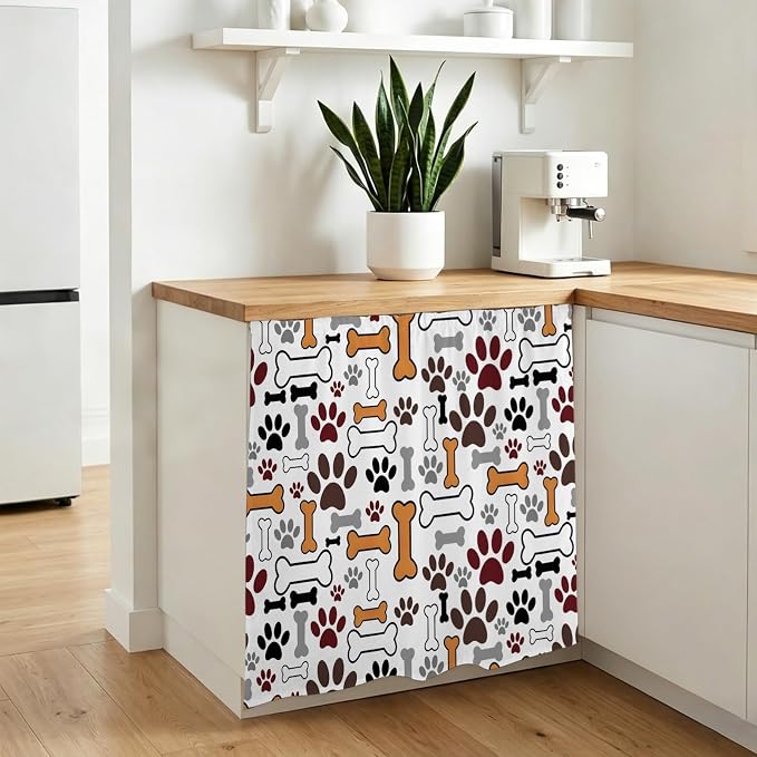 Dog Claws Cabinet Dishwasher Hidden Curtains, Privacy Closet Door Curtain, Pet Cat Cartoon Cute Animal Bone Pawprints Adhesive Dust Proof Under Sink Skirt for Bathroom Kitchen 35"x35"