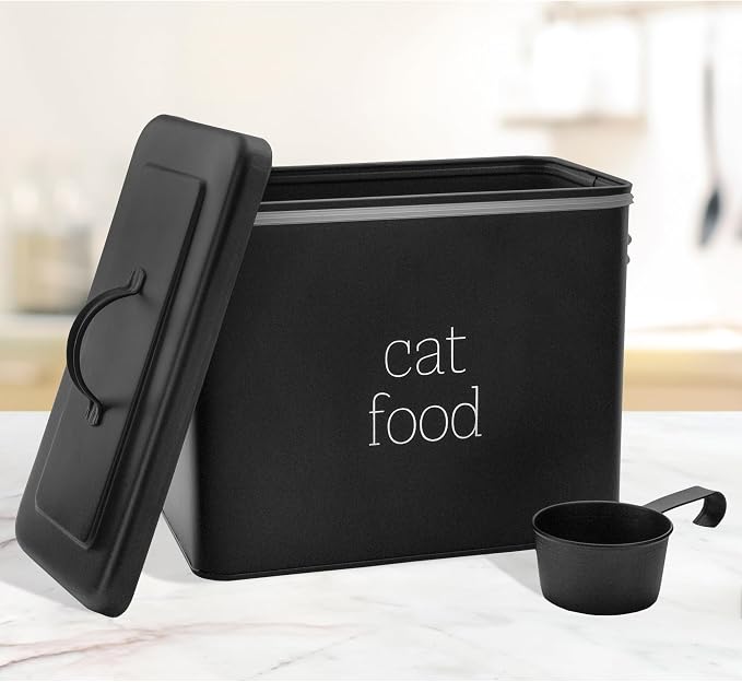 AuldHome Design Farmhouse Cat Food Container (Black) Enamel Look Rustic Cat Food Bin with Scoop