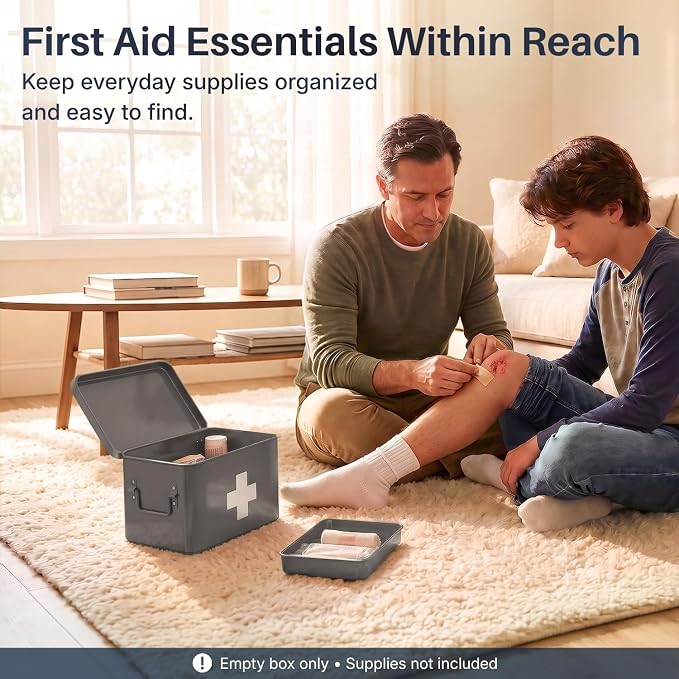 Flexzion Large Metal First Aid Box Empty, 8.5-Inch, Gray with White Cross | Vintage Medicine Box and First Aid Storage Organizer with Removable Tray and Dividers; Empty Box Only, Supplies Not Included