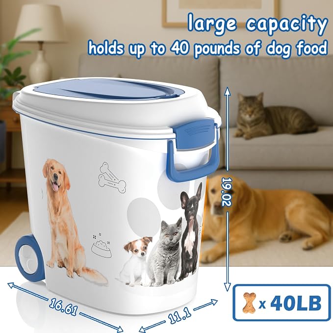 DRATO Cat Food Storage Container with Removable Wheels, Extra Large Capacity Sealed Lid Design for Easy Cleaning, Multi-Purpose Pet Food Container Bowl Scoop Included.