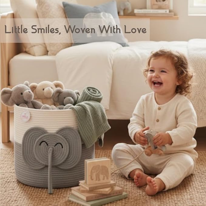 Collapsible laundry baskets for Kids, 25L Woven Cotton Rope Bin with Elephant Design, Cutout Handles, Foldable & Washable Baby-Safe Toy Organizer for Stuffed Animals, Laundry, Clothes (Elephant)