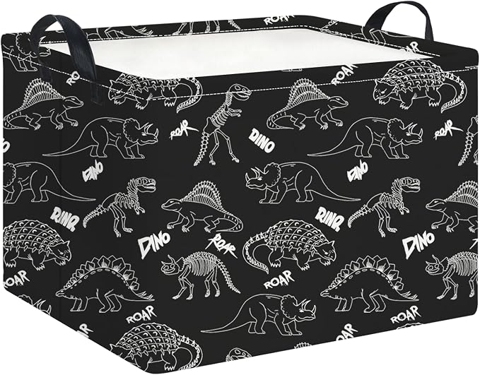 Rectangle Storage Basket with Handles,Collapsible Storage Bin,Books Box,Gift Basket(Black Line Dinosaur)