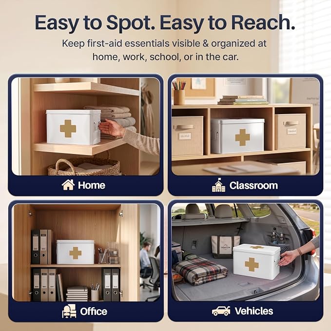 Flexzion Large Metal First Aid Box Empty, 13-Inch, White with Gold Cross | Vintage Medicine Box and First Aid Storage Organizer with Removable Tray and Dividers; Empty Box Only, Supplies Not Included