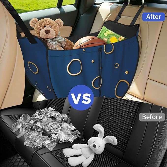 Gold Circle Print Car Seat Organizer-Backseat Storage Bag for Travel | Waterproof Durable. Holds Snacks Gear Essentials. Fits Most Cars.