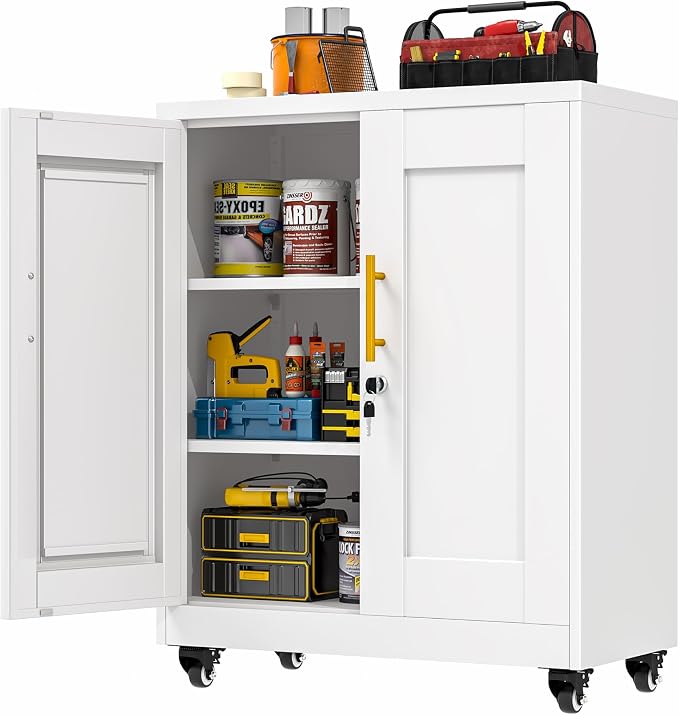 GAIOUS 35'' Tall Metal Storage Cabinet with Lock and Wheels, Steel Office Cabinet with 2 Door and 2 Adjustable Shelves, Lockable File Cabinet, Garage Cabinet, Rolling Cabinet for Home Office - White