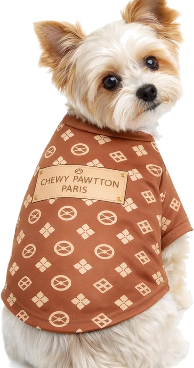 Everything Chic Designer Dog Shirt Luxury Dog Clothes Cute Puppy Shirt Small Dog Outfit Yorkie Chihuahua French Bulldog Clothes Chic Pet Apparel Spring Summer (ChewyPawttonTee, Small)