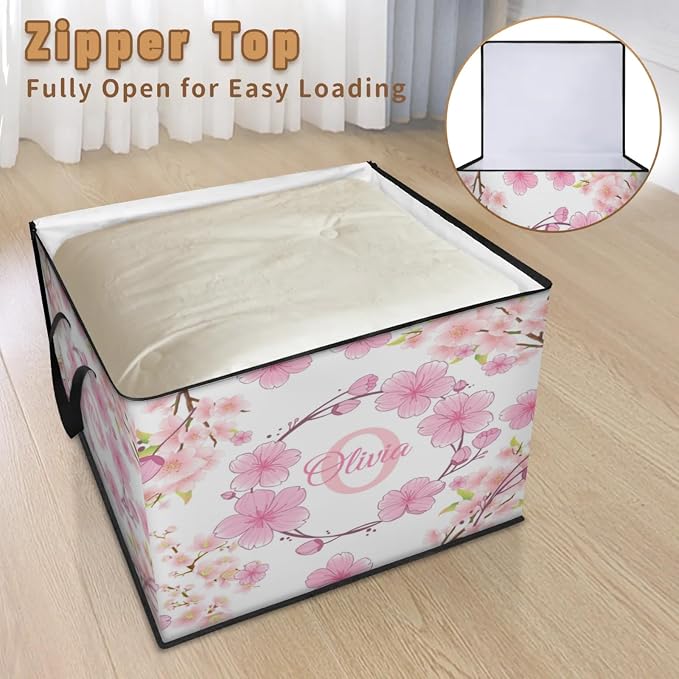 Personalized Extra Large Storage Basket with Lid, Comforters, Bedding Quilt Storage Bin Initial Letter for Home, Collapsible Basket for Clothes, Moving, Car Trunk, Pink Cherry Blossom Flower