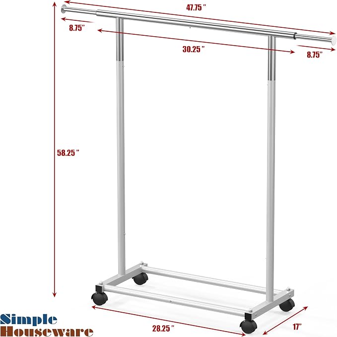 Simple Houseware Standard Rod Garment Clothing Rack, Silver | Single Rail, Extendable Width from 30 to 47 Inches, Rolling Clothing Organizer for Bedroom, Laundry, Living Room