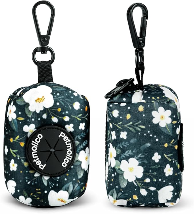 Petmolico Dog Poop Bag Holder Dispenser 2 Pack, Cyan & Flower | Zippered pouch fits any leash, includes free roll of bags, lightweight & portable for daily walks, travel & outdoor use