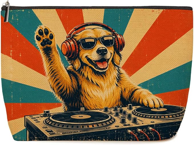 Cool DJ Dog Makeup Bag Funny Cat Headphones Cosmetic Bag Gifts for Women 02 | Cool Durable Travel Organizer Pouch for Women, Stylish Dog Lovers Gift, Retro Style Music Lover Animal Toiletry Bag