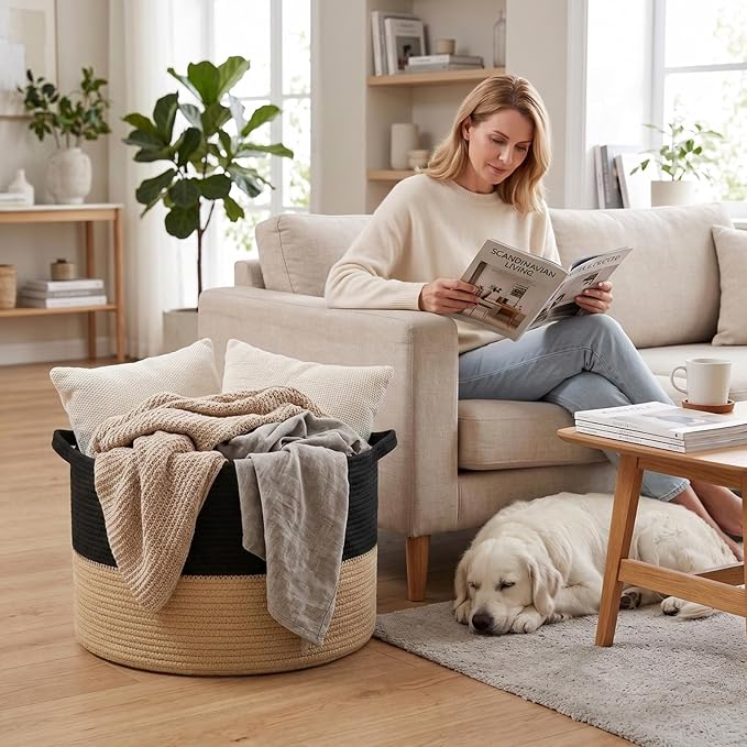 115L Extra Large Blanket Basket,Woven Laundry Basket-Black&Camel | Collapsible, reinforced handles, nursery storage bin organizes clothes, toys and pillows for living room, bedroom bathroom