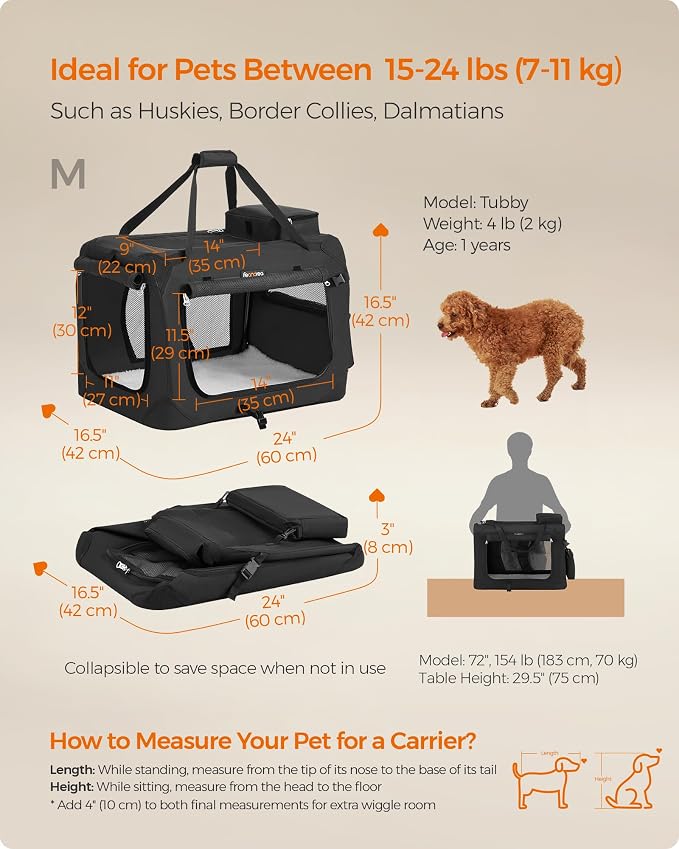 Feandrea Collapsible Soft Dog Crate, Portable Travel, 24 Inches | Dog Carrier Kennel with Safety Zippers for Living Room, Car, Travelling, Black UPDC60H