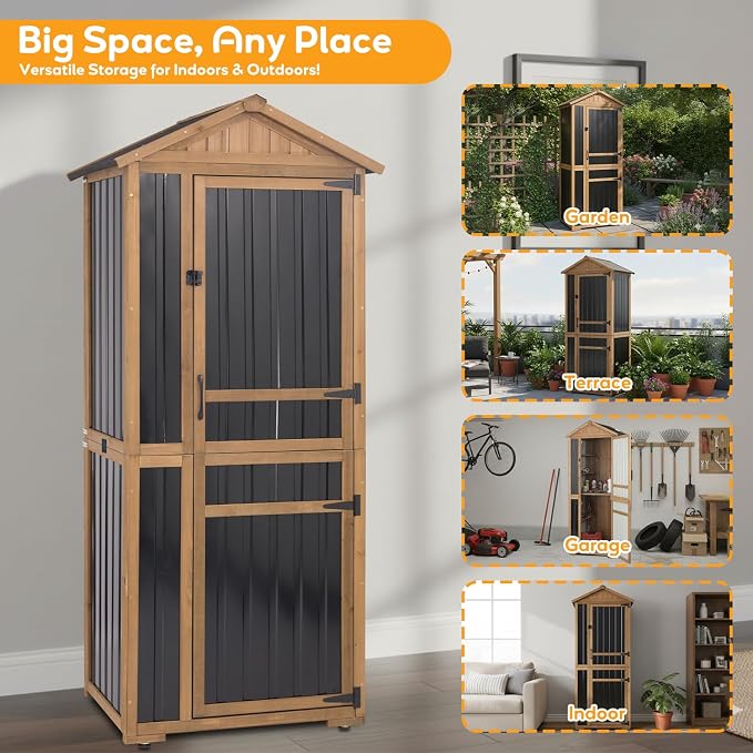 Outdoor Storage Cabinet, Extra-Tall Shed with Removable Shelf for Long Tool | Wood & Metal, Waterproof Asphalt Roof, Removable Shelf, Magnetic Lockable Doors, for Patio, Backyard, Garage, Garden