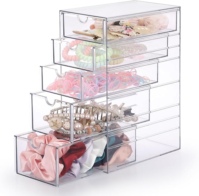 Hipiwe 5-Drawers Plastic Storage Organizer Clear Hair Accessories Organizer | Large Capacity Drawers Box for Bathroom, Dresser, Cosmetic Hair Tie Container for Women