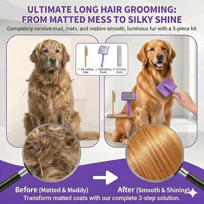 Slicker Brush for Dogs, Large Long Pin Dog Grooming Brush for Doodles Goldendoodles Poodles Labradoodle Bernedoodles, 3 Pcs Wooden Handle for Mats Tangles - Purple