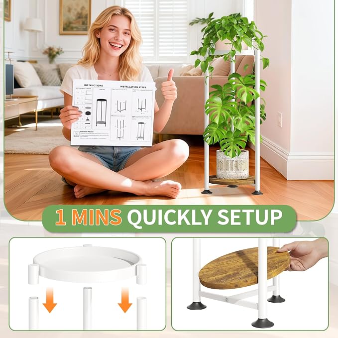 KMOTASUO Metal Plant Stand Tall for Indoor Outdoor Corner, 2 Tier White | Heavy Duty Flower Holder Rack, Modern Vertical Iron Shelf for Patio Bathroom Office Garden